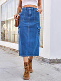 Slit Midi Denim Skirt with Pockets for Stylish Comfort-0